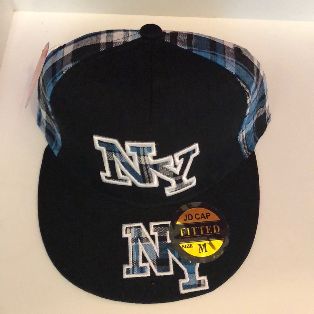 JD FITTED CAP black w/ NY BLUE/white plaid S & Med - Picture 1 of 8